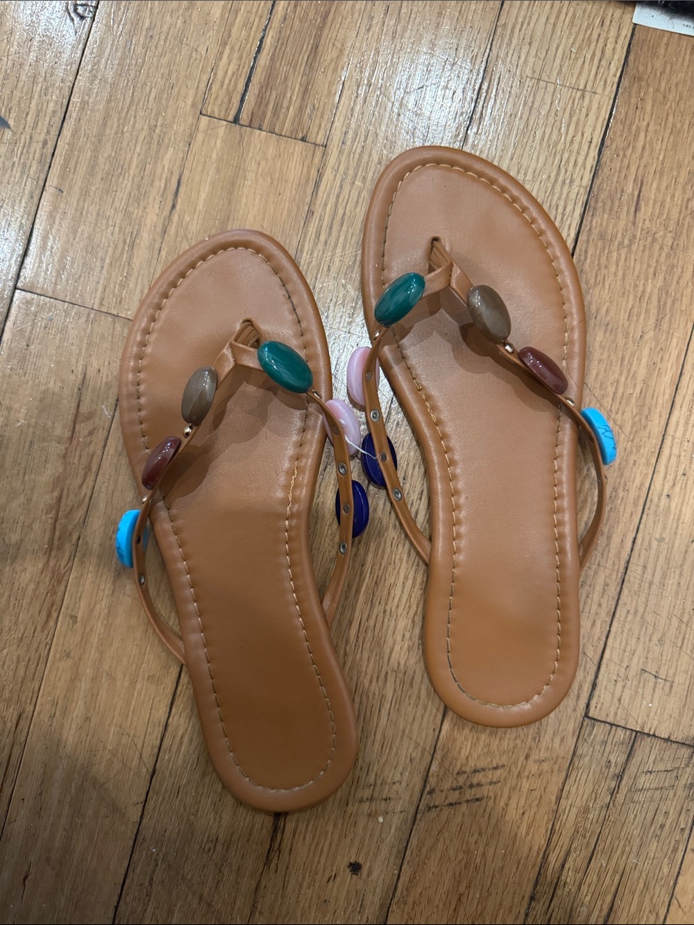 Women's Tan Beaded Thong Sandals with Multicolor Accents